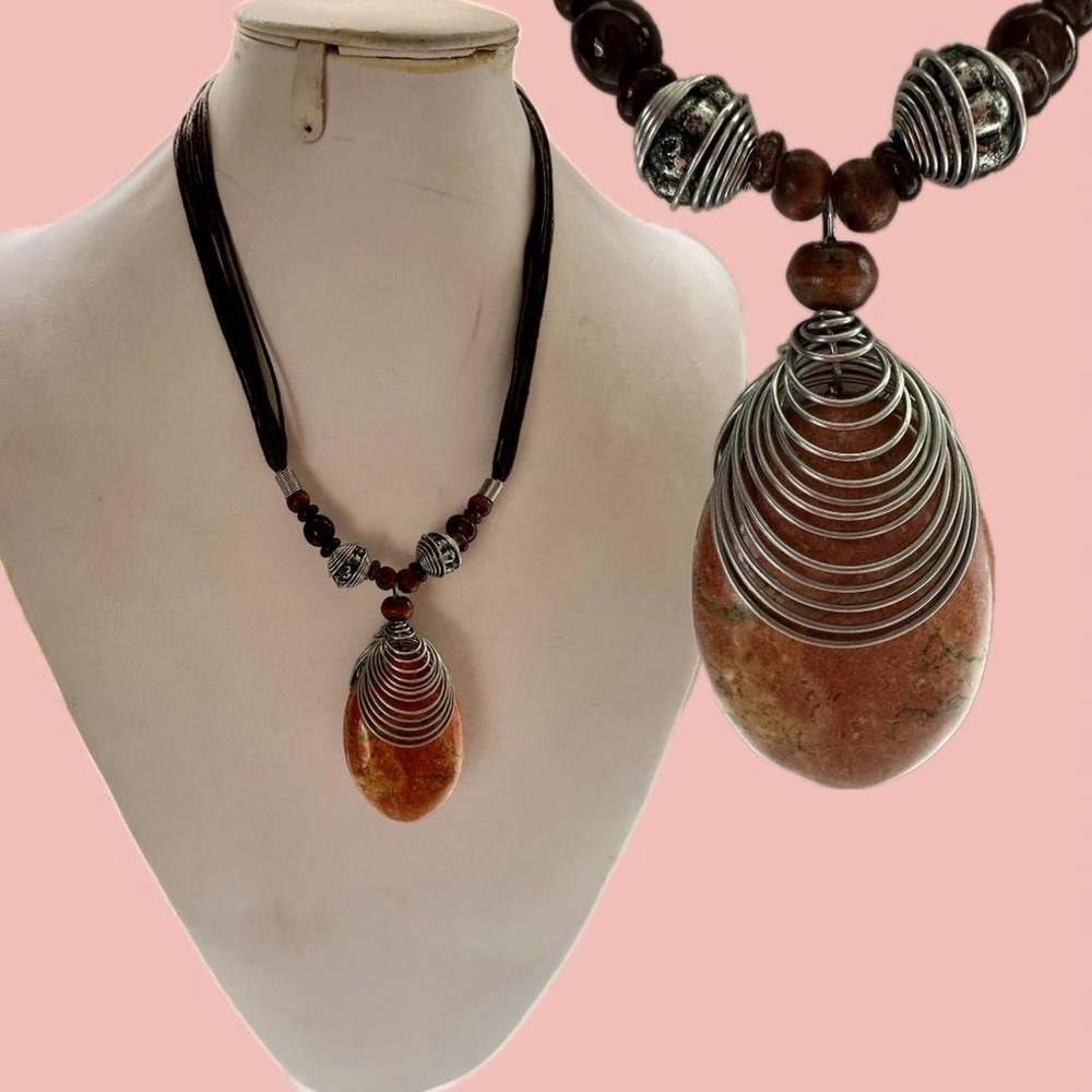 Natural Stone Pendant Necklace – Earthy Statement with Metal Coil Detail